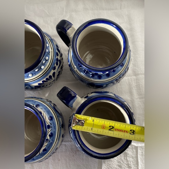Rare Set Of Four Coffee Mug Cups Mexico Talavera Cholula Hand Painted Blue White